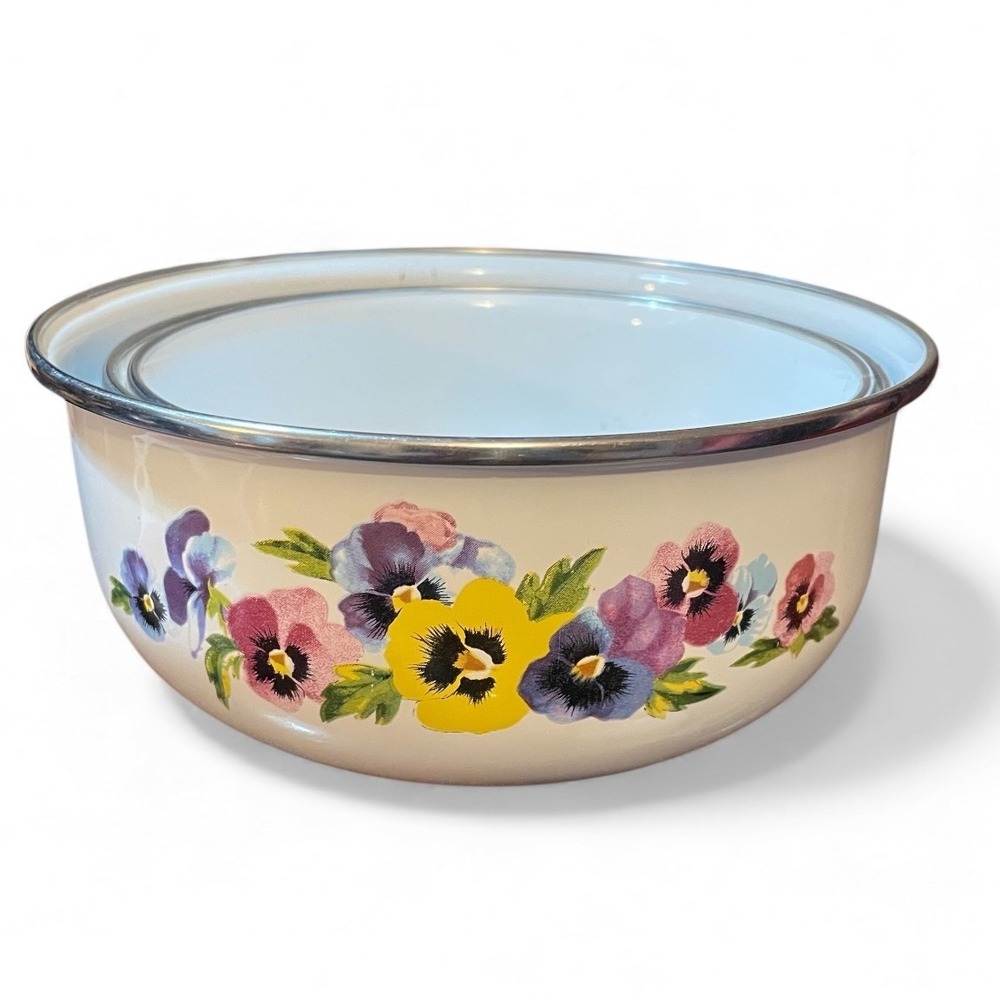 GMI Vintage Enamel Bowl Set 9" Floral Pansy Design White Metal Kitchenware‎